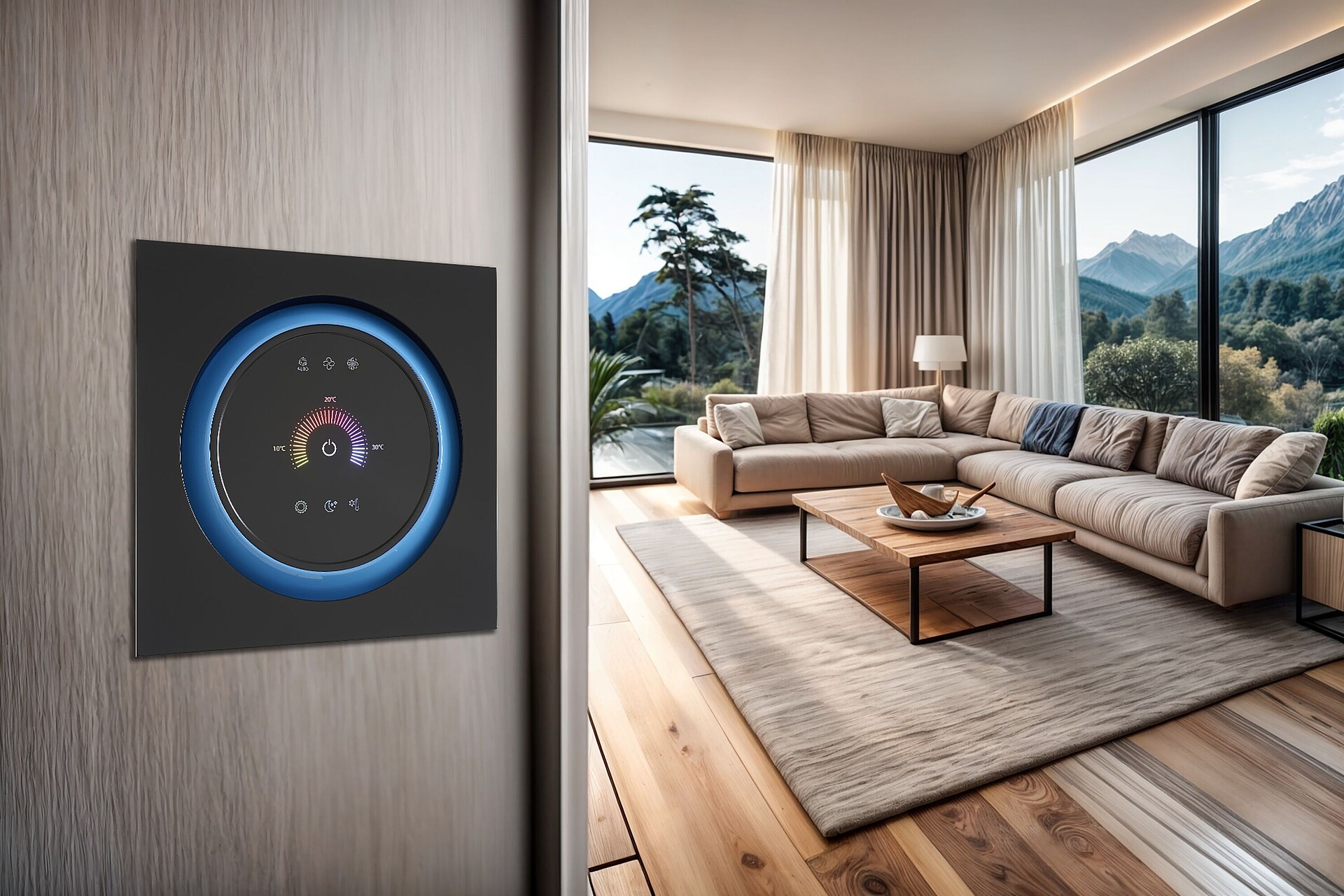 Smart Home Steuereinheit rund, hinterleuchtet, integriert im Wohnraum
